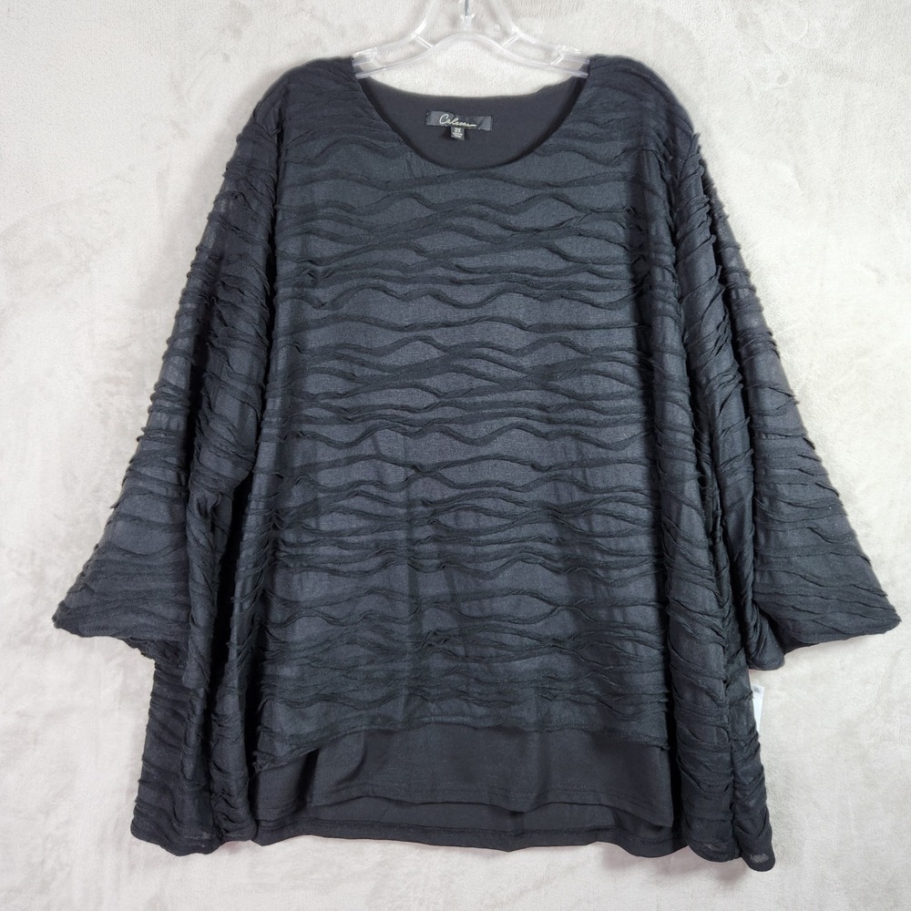 Calessa Blouse Womens 2X Black Textured Layered Gauze Boho Career Office Classic